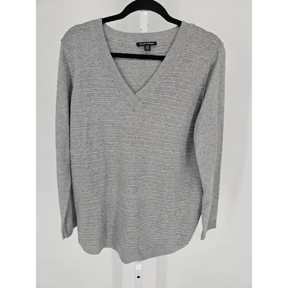 Hilary Radley Womens Sz L Thick Knit V Neck Blouse Light Gray Ribbed